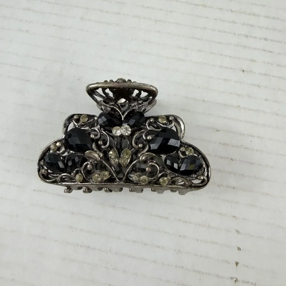 Vintage Pewter Rhinestone Hair Clip Barrette